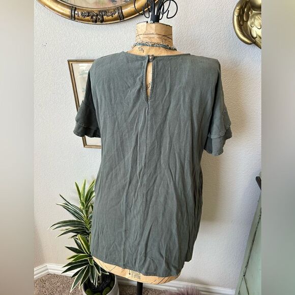 ee: some 100% Linen Olive Green Ruffle Flounce Sleeve Blouse Sz S - Picture 7 of 12